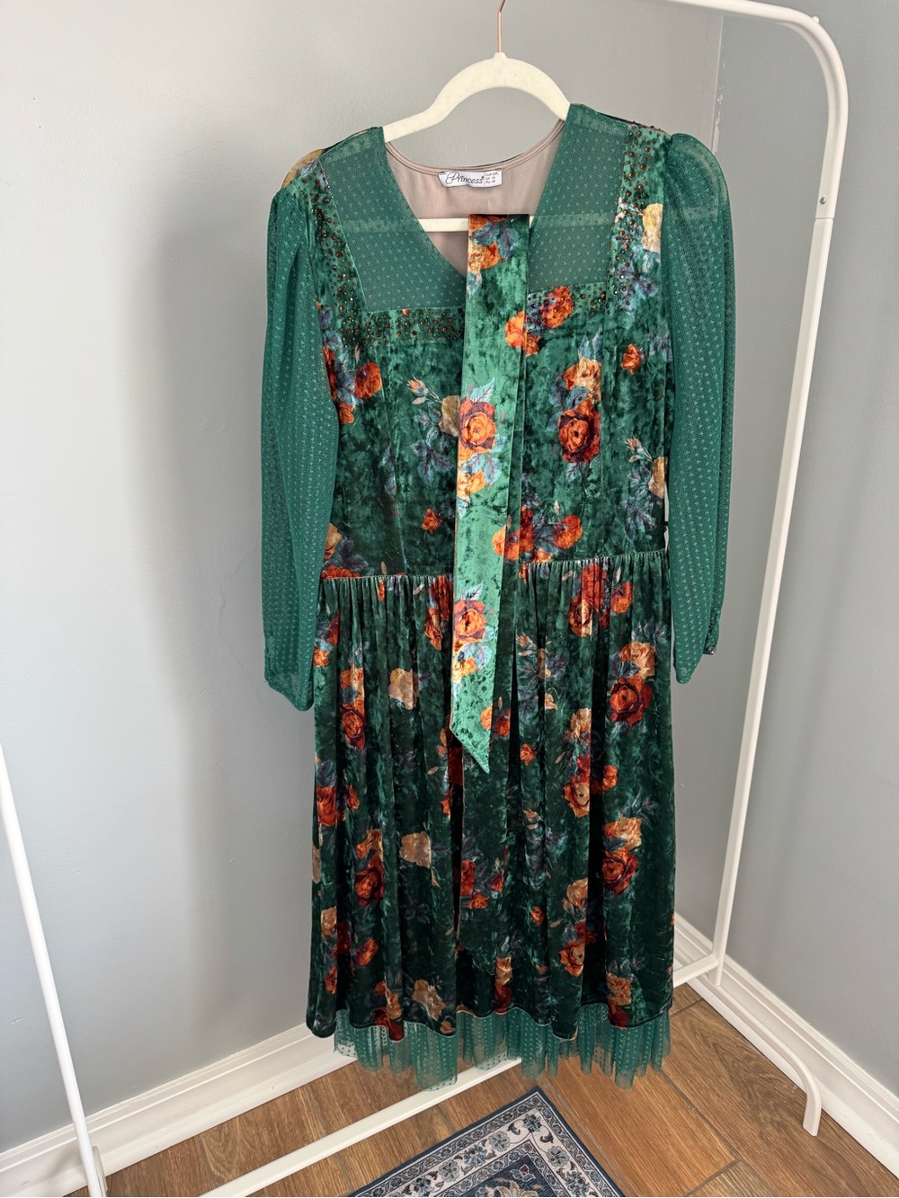 Prince Green Floral Velvet Dress with Teal and Orange Accents